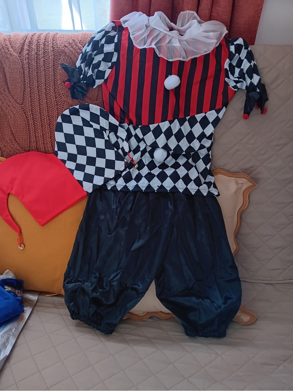 Juniors Harlequin Clown Costume - Red, Black & White